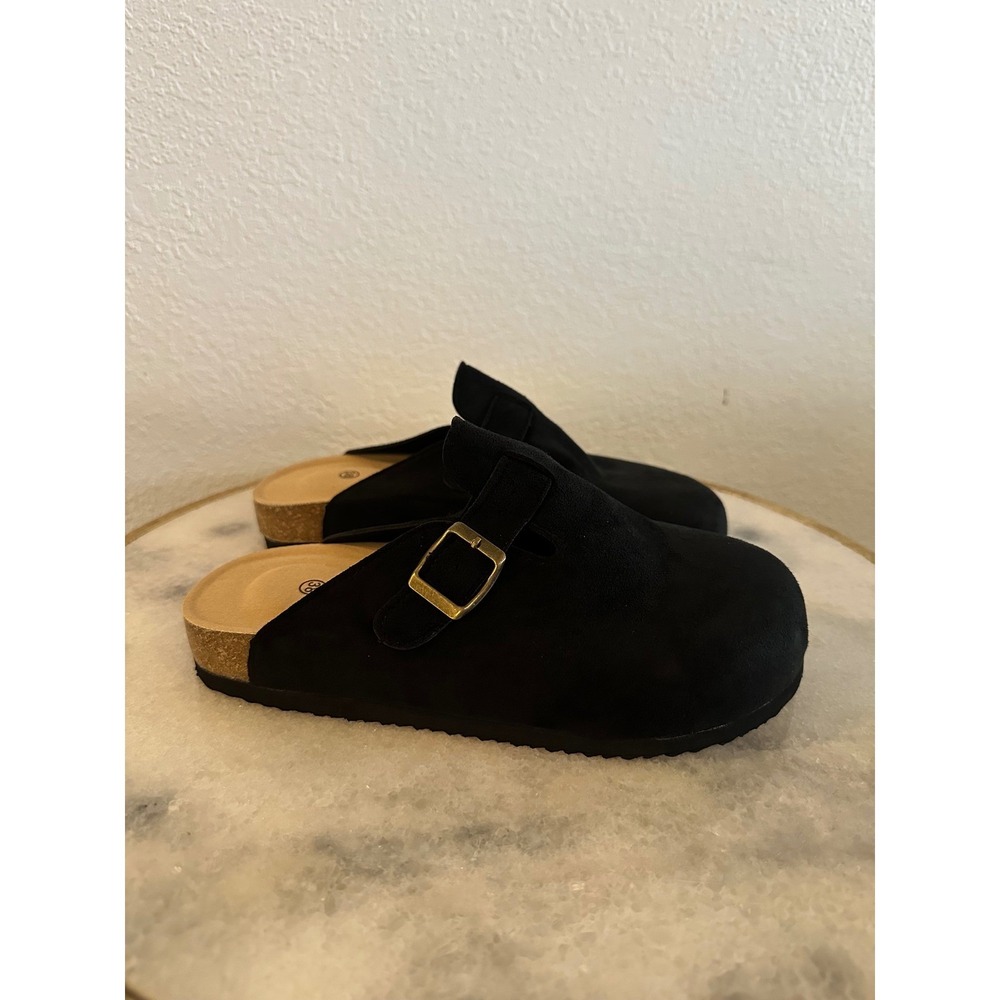 Women Black Faux Suede Buckle Clog Mules Flat Slip On Shoes Size 38